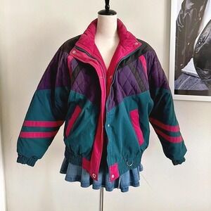 Vintage Ski 90s quilted puffer jacket pink, purple, and teal colors jacket
